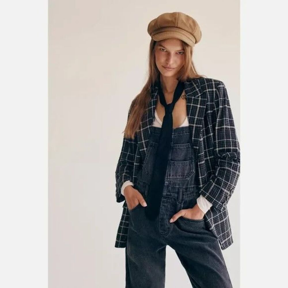 Free People Bowie Plaid Blazer XS Grey Cream Cotton Wool Oversized BOHO Clueless